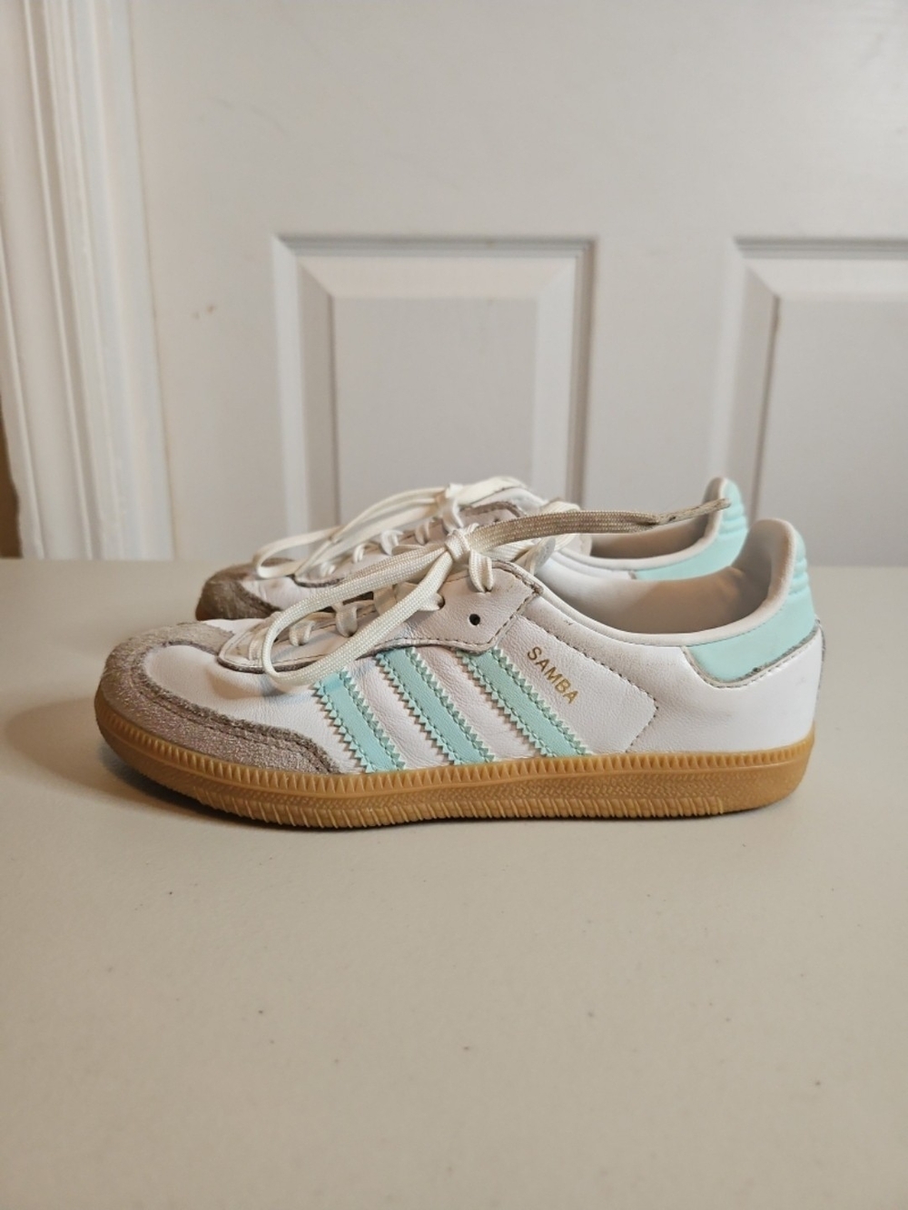 Adidas Samba Fashion Sneakers White Mint Green Kids Girls Size 13 1/2
